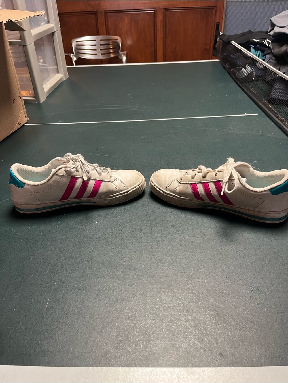 adidas Kids White Sneakers with Pink Stripes and Teal Heel